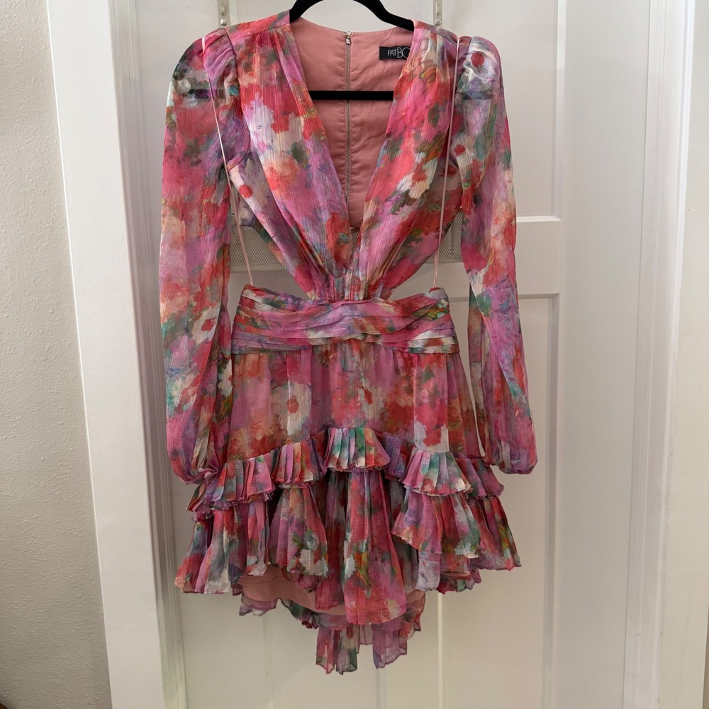 PatBO Floral Cut Out Mini Dress Pink Ruffle Long Sleeve 6 Colorful Luxury Vacay